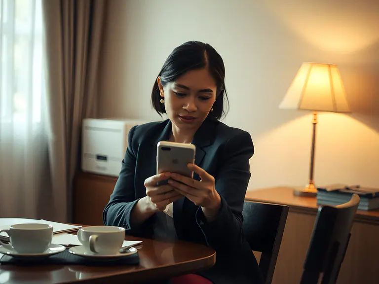 A client at home reading her case on her phone