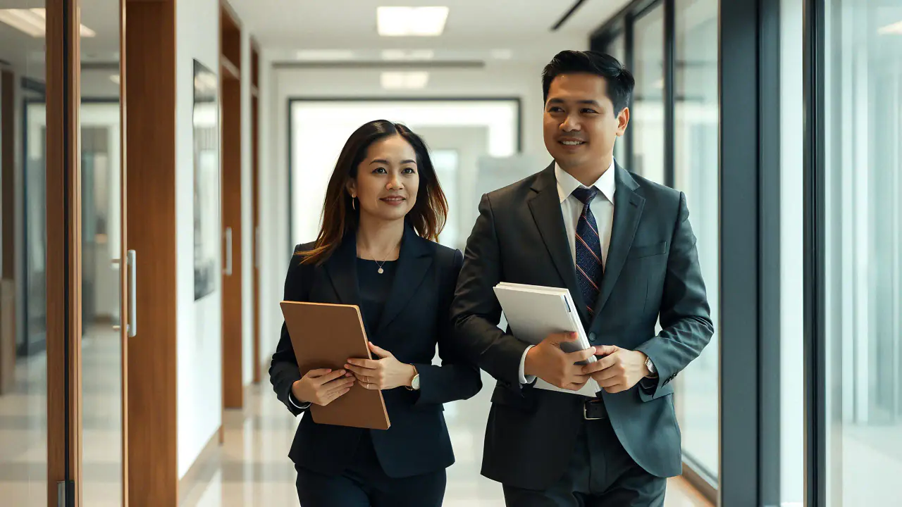 Two of the firm's lawyers walking a corridor to their next meeting