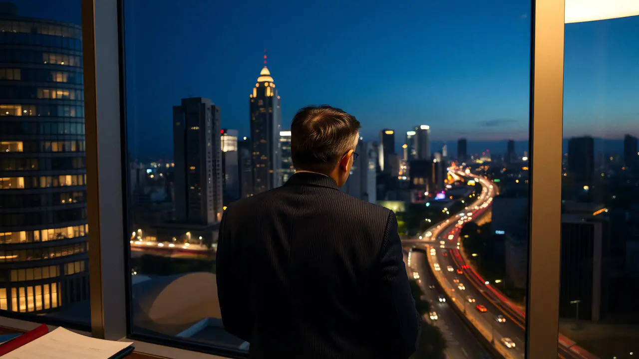 A lawyer at the office window over Makati at dusk