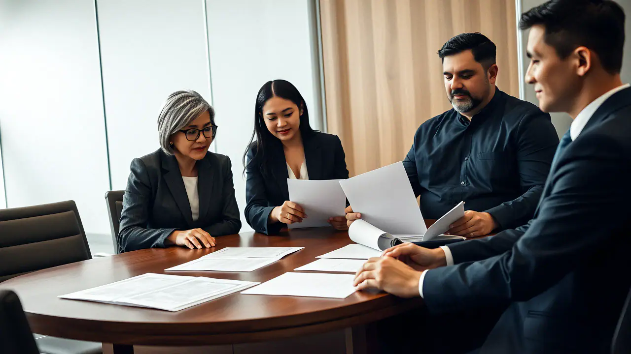 The firm's lawyers reviewing a case together at the conference table
